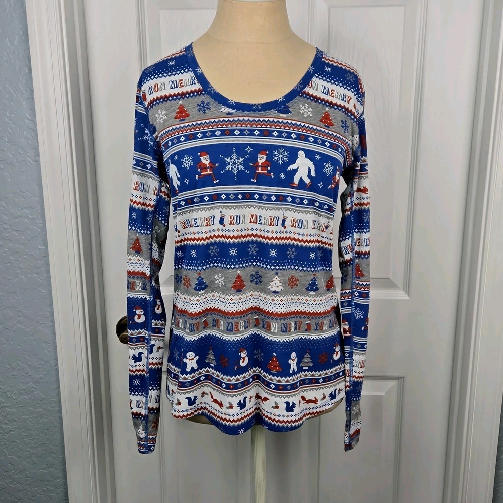 Brooks Womens Distance‎ Run Merry Holiday Long Sleeve Shirt Size M Santa T-shirt